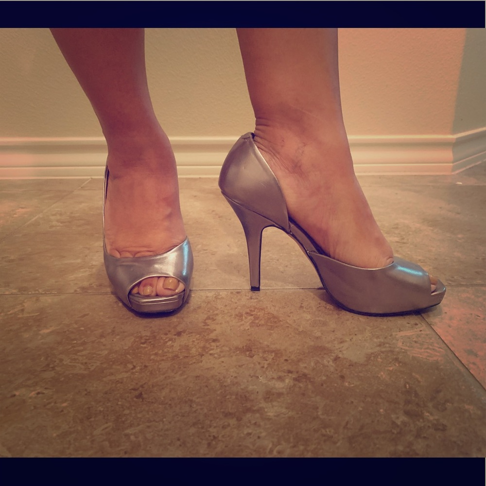 Silver open toe heels
